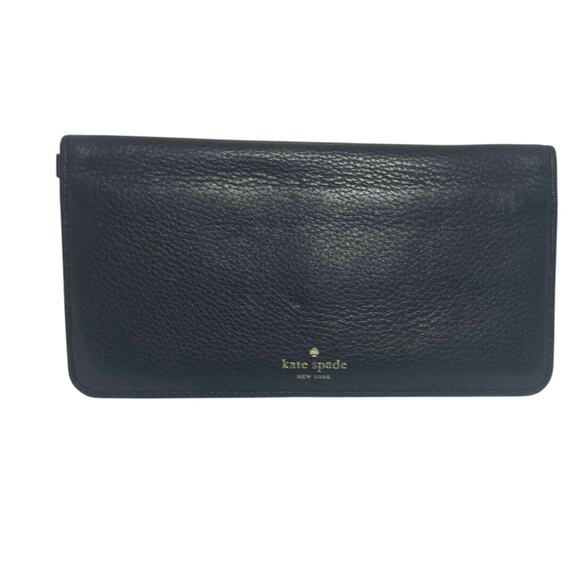 KATE SPADE WALLET SLIM PEEBLE LEATHER FLAP SNAP BIFOLD BLACK VERSATILE CHIC